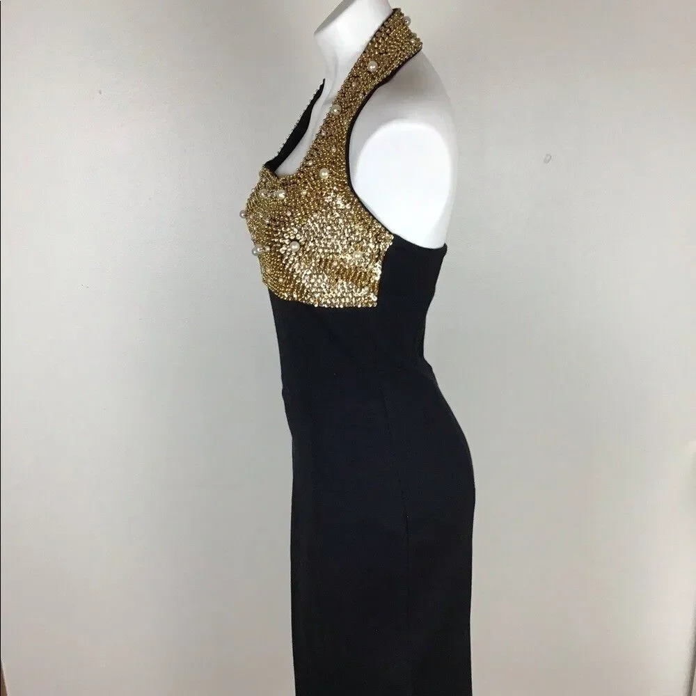 Outlander Studio Gold  Sequence Dress With White Pearls And Black  Bottom size M